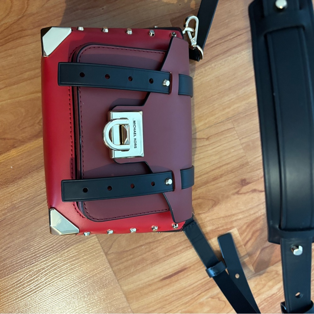 Michael Kors Red and Black Crossbody Bag with Metallic Accents